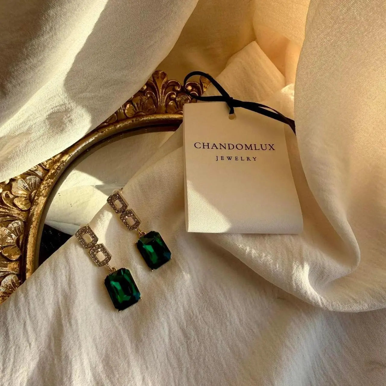 Emerald Green Crystal Pavé Link Drop Earrings S925 — pair shown together on flat lay