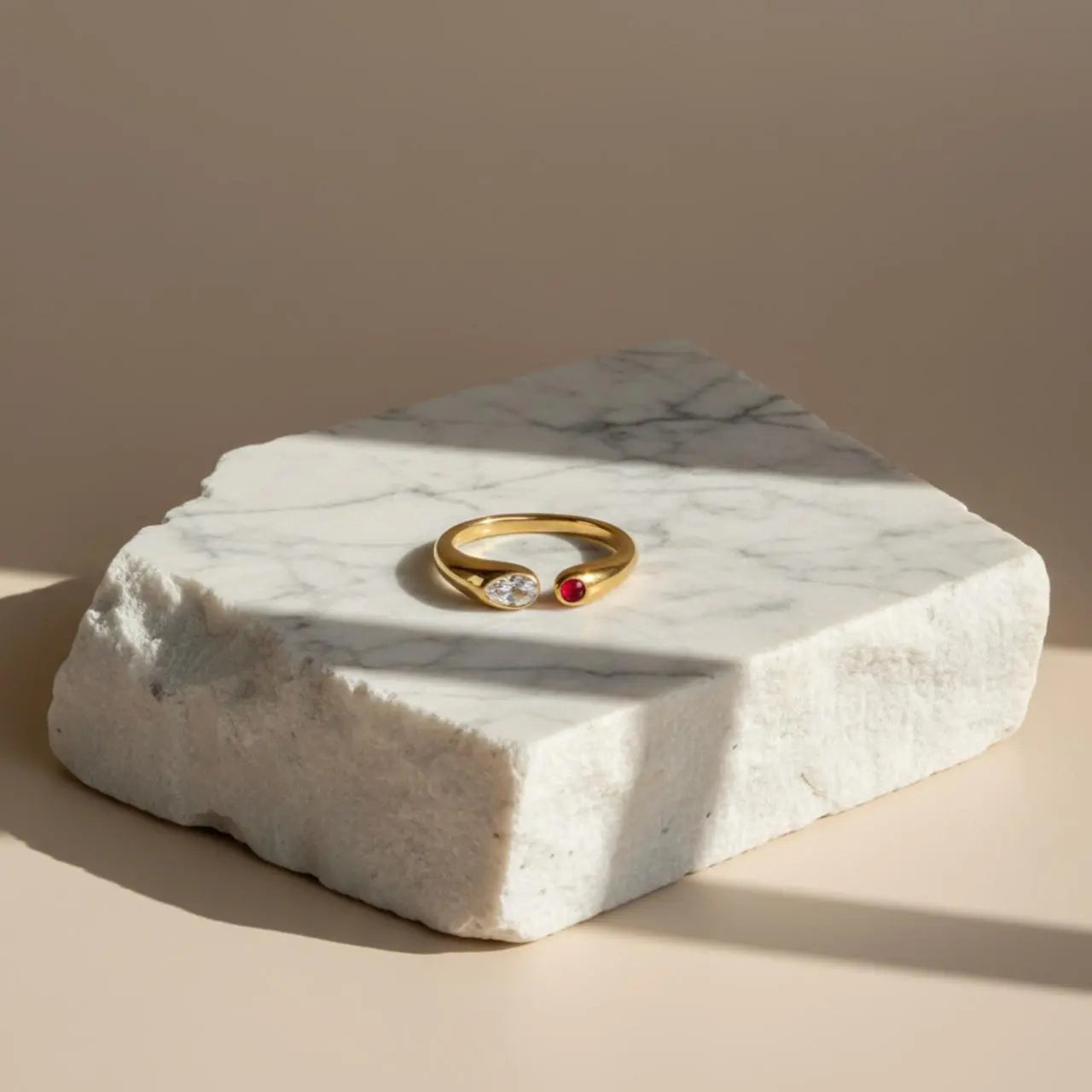 Dual Stone Toi et Moi Open Ring 18K Gold Clear Ruby — worn on finger, angled view