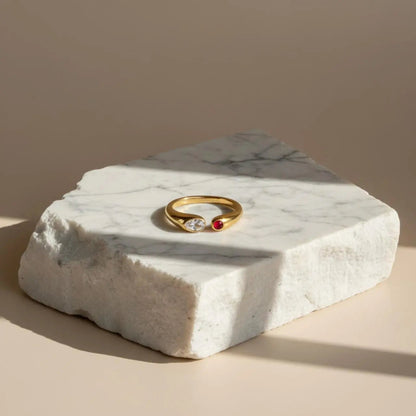 Dual Stone Toi et Moi Open Ring 18K Gold Clear Ruby — worn on finger, angled view