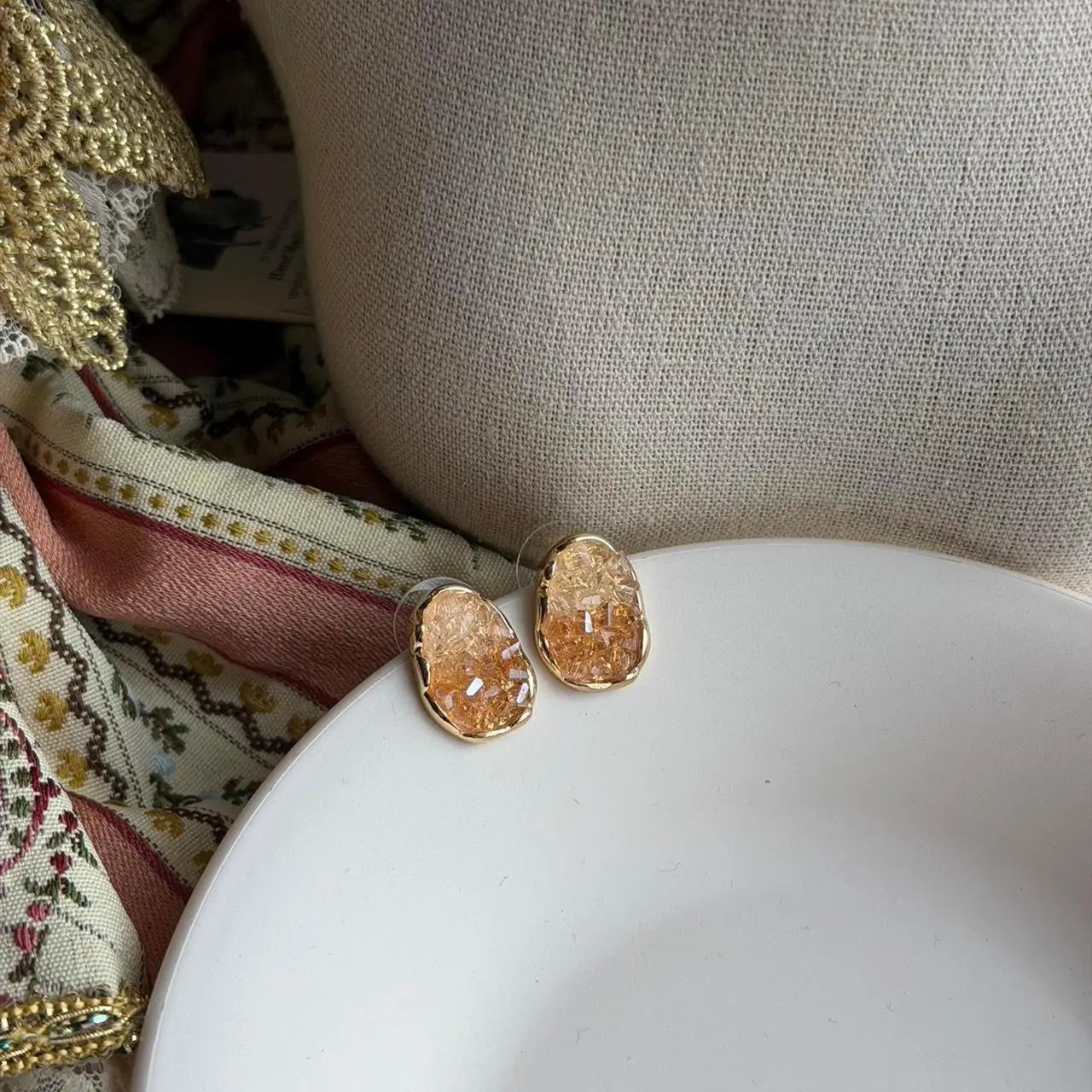 Amber Druzy Crystal Oval Stud Earrings S925 Gold on neutral background — front view