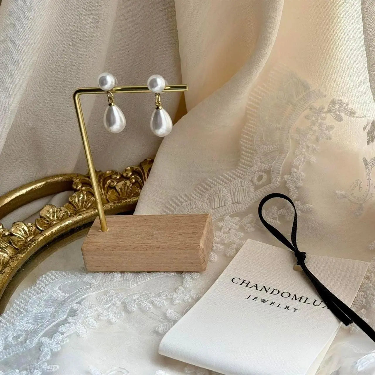 Pearl Stud & Teardrop Drop Earrings S925 Gold Bridal — worn on model, side profile