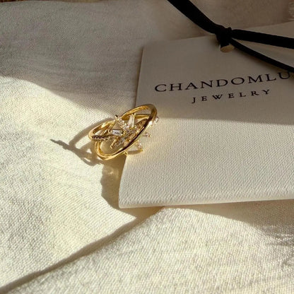 Crystal Pavé Leaf Star Open Ring 14K Gold Adjustable — worn on finger, angled view