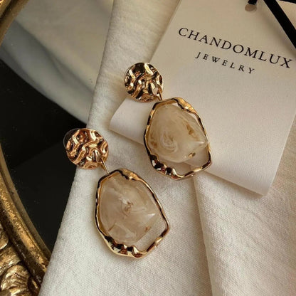 Frosted Resin Drop Earrings S925 Hammered Gold Disc — worn on model, side profile