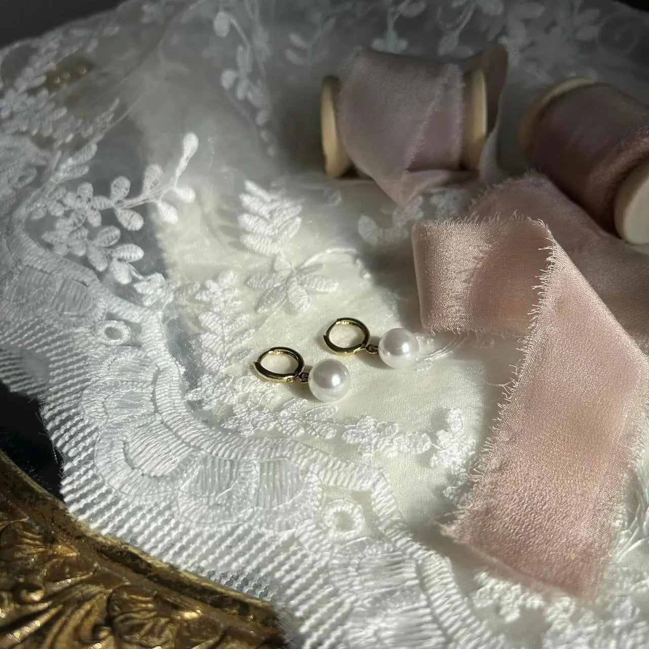 Pearl Drop Huggie Hoop Earrings S925 Silver Gold on neutral background — front view