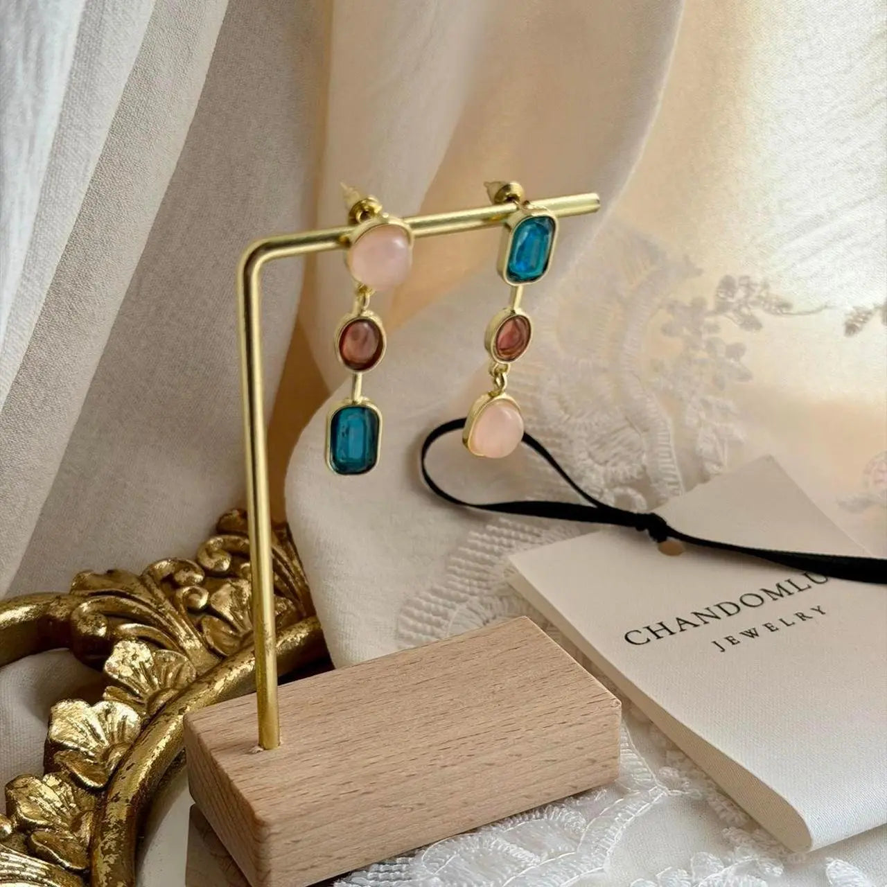 Asymmetric Triple Stone Cascade Drop Earrings S925 — angle highlighting drop and movement
