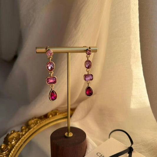 Pink Ombre Crystal Triple Cascade Drop Earrings Gold on neutral background — front view