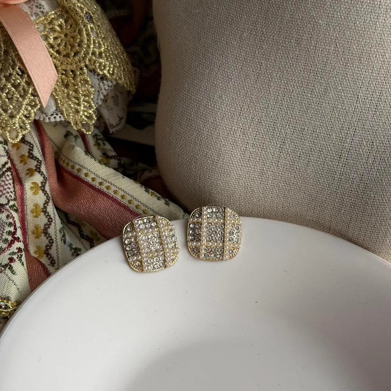 Tweed Crystal & Pearl Square Stud Earrings S925 Gold on neutral background — front view