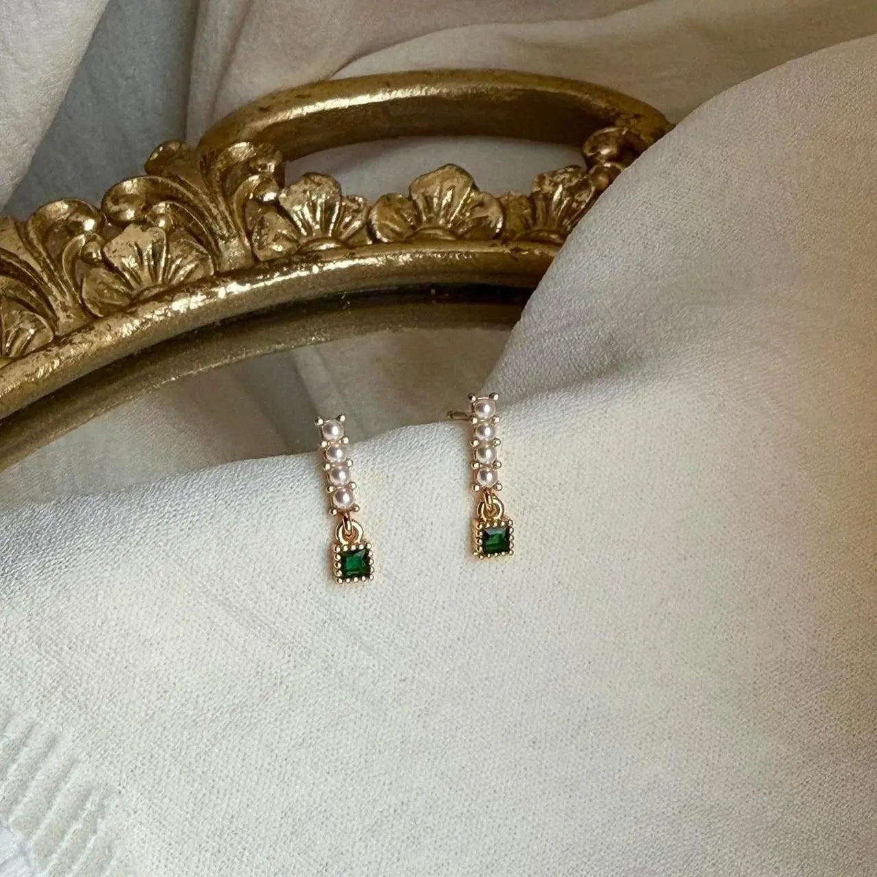 Pearl Bar & Emerald Crystal Drop Earrings S925 Gold on neutral background — front view