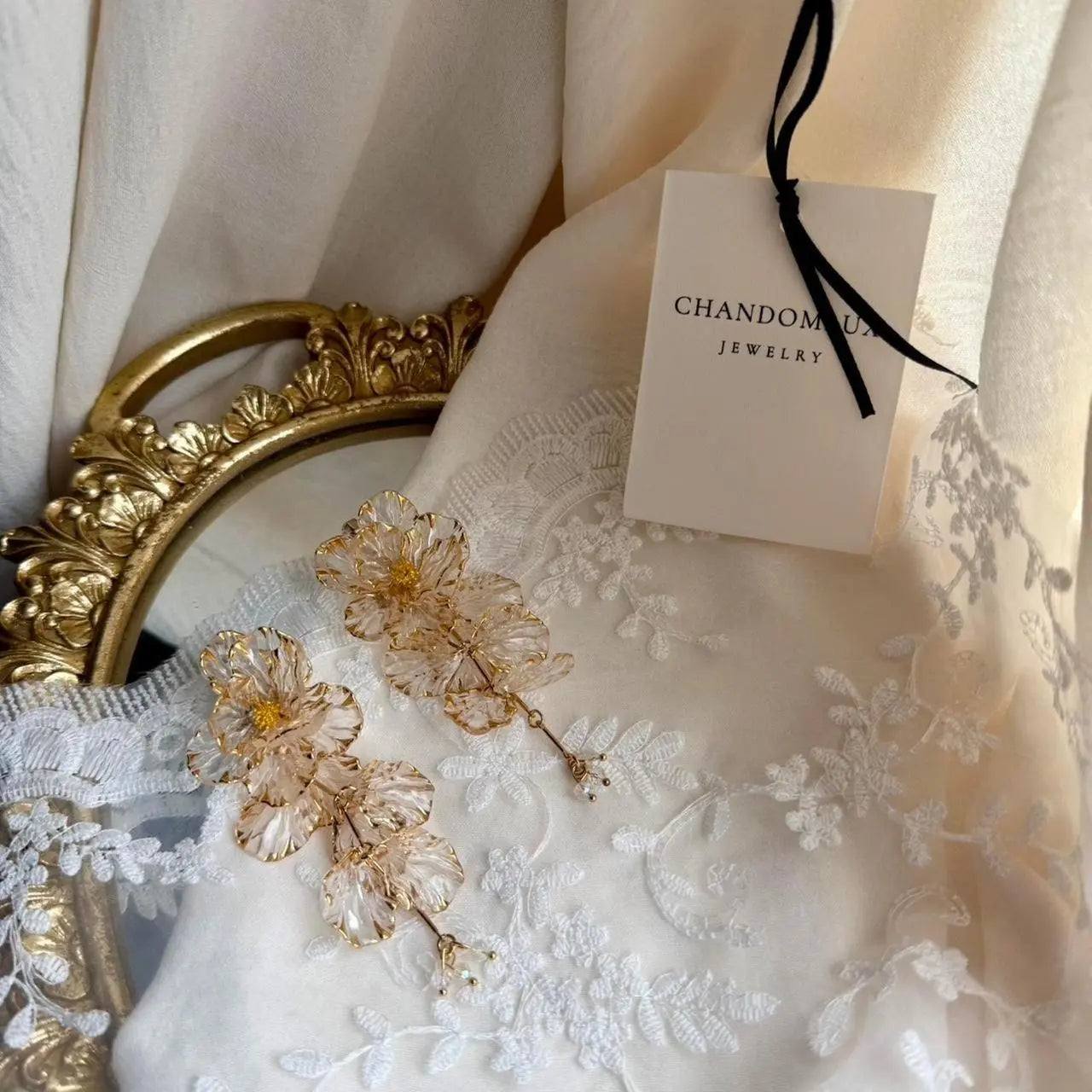Champagne Flower Drop Earrings S925 Gold Bridal on neutral background — front view