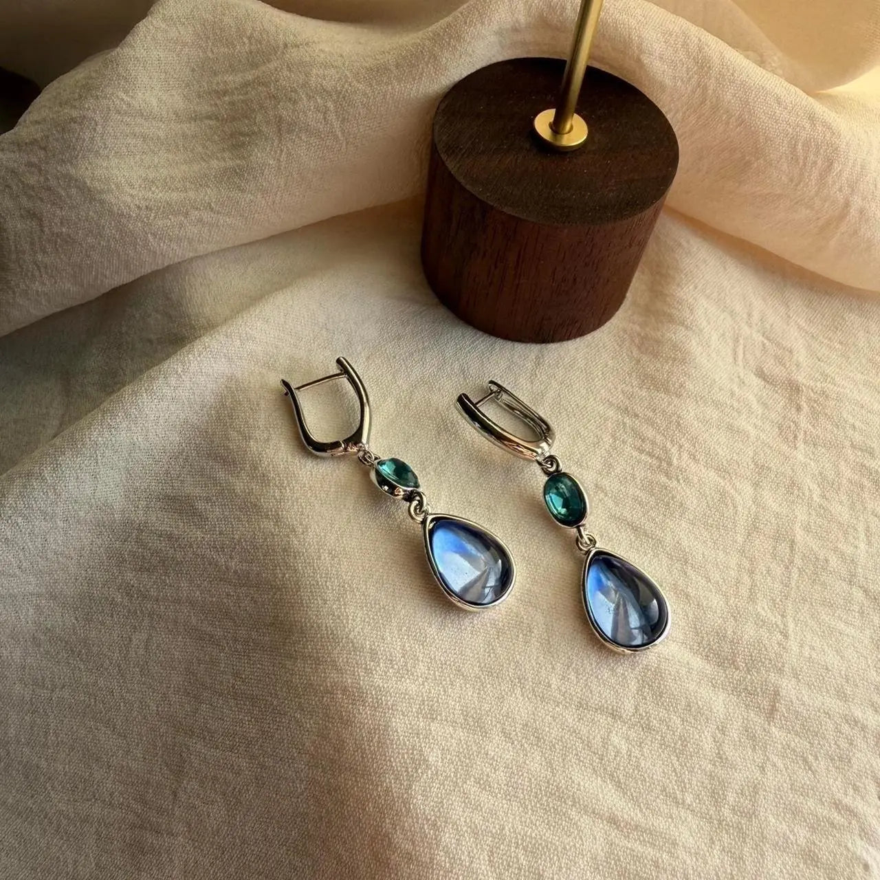Teal & Blue Dual Crystal Drop Earrings Silver Tone — close-up of pearl and post detail