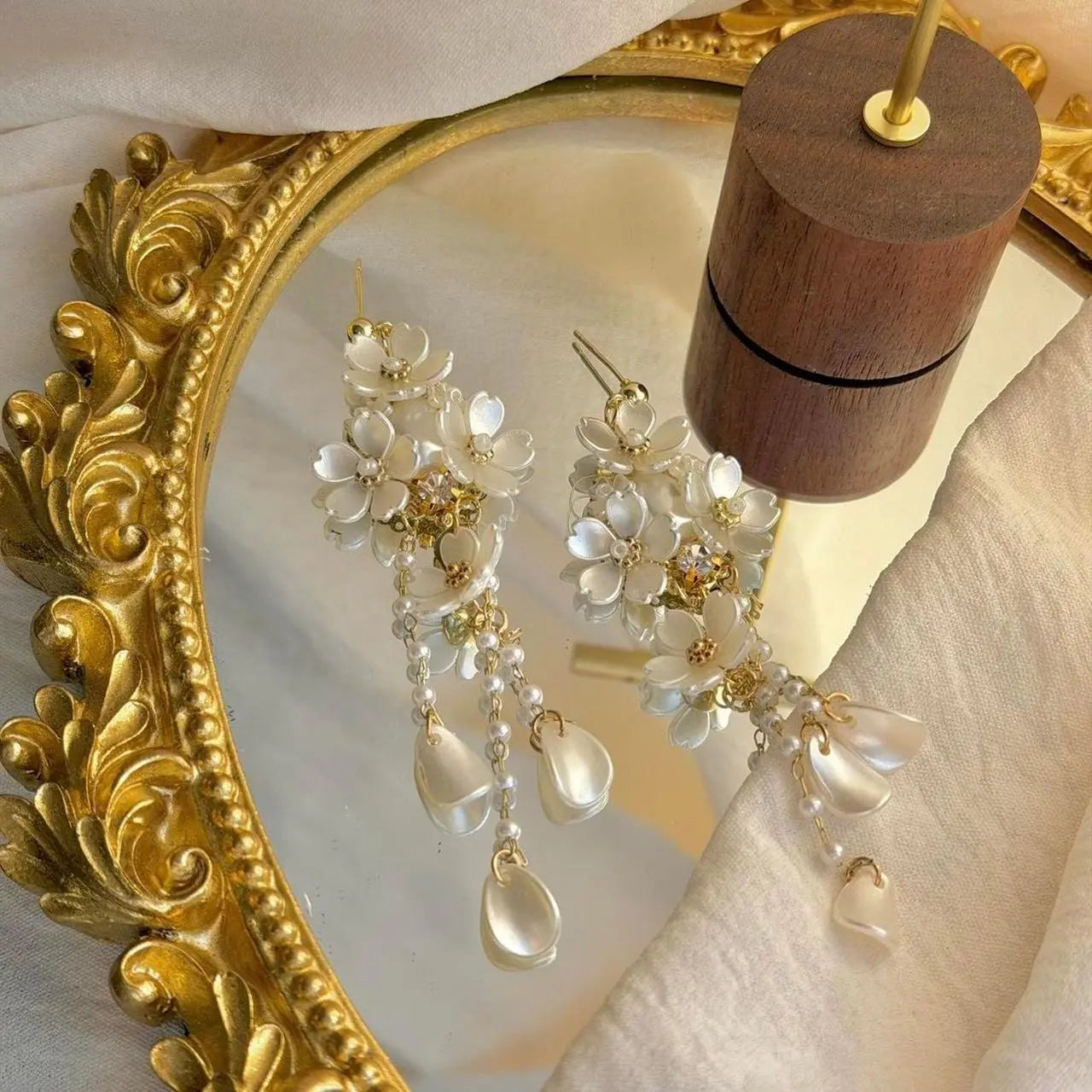 White Floral Cluster Long Drop Earrings S925 Bridal — worn on model, side profile