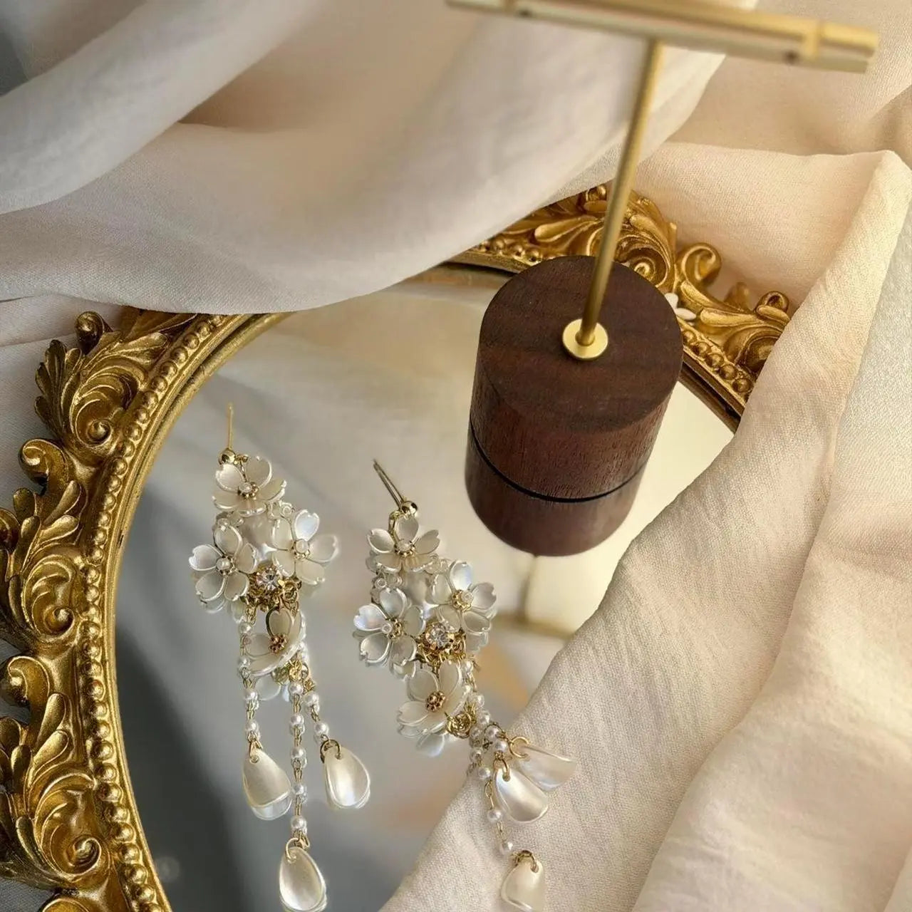White Floral Cluster Long Drop Earrings S925 Bridal — pair shown together on flat lay