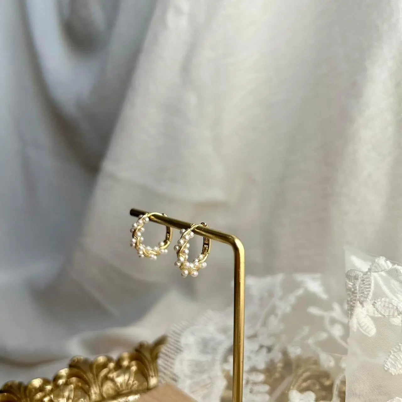 Pearl Beaded Huggie Hoop Earrings S925 Silver Gold — angle highlighting drop and movement
