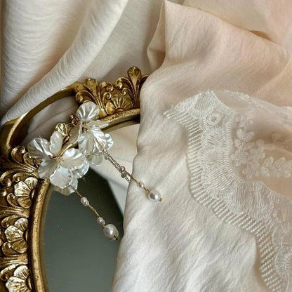 Mother of Pearl Flower Drop Earrings S925 Bridal on neutral background — front view