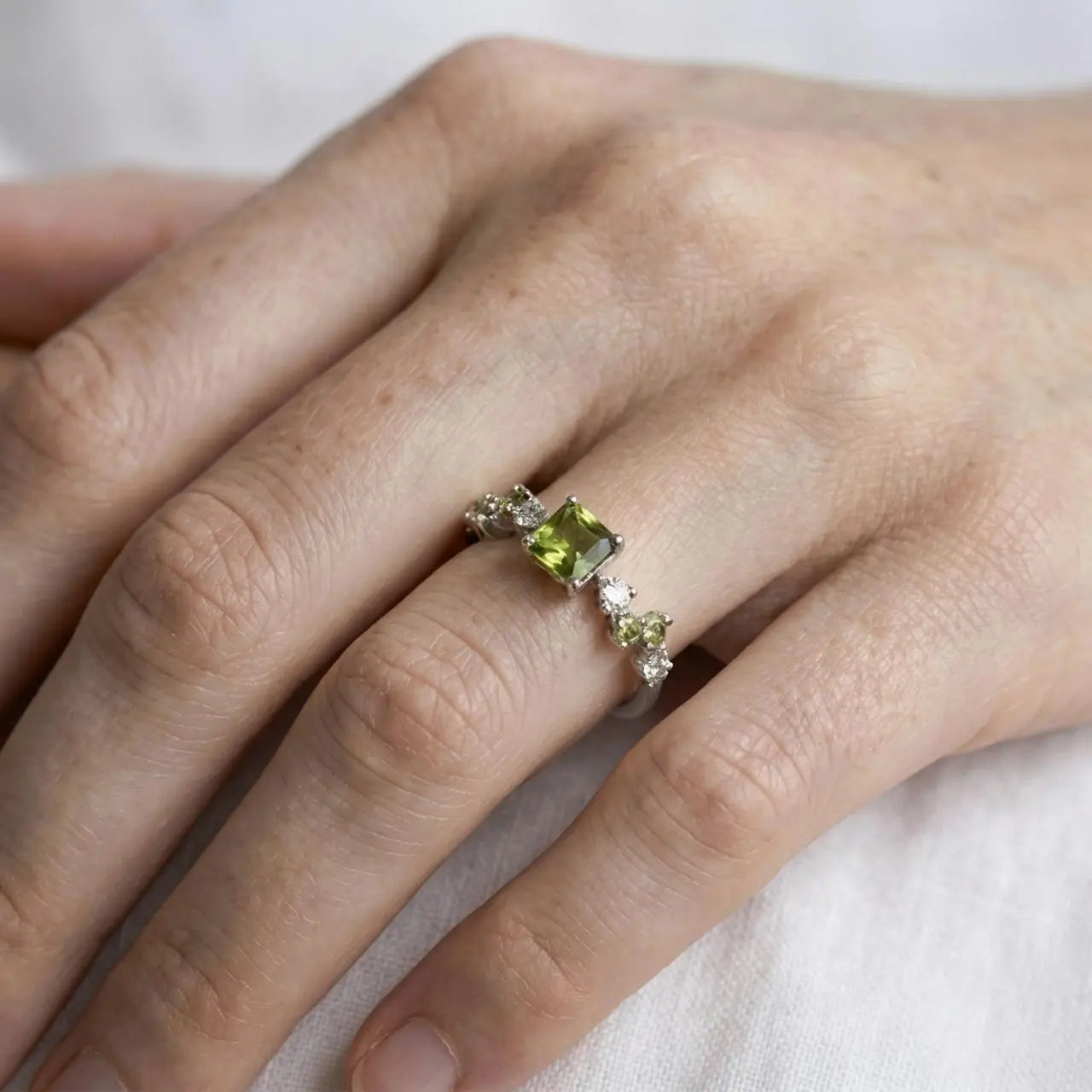 Olive Green Stone Crystal Cluster Ring Silver Open on neutral background — front view