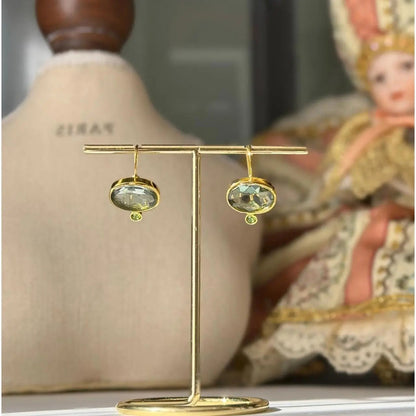 Grey Crystal & Green Accent Drop Earrings Gold — styled with neutral outfit