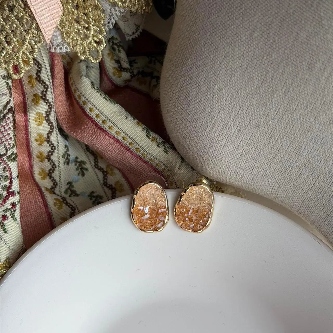 Amber Druzy Crystal Oval Stud Earrings S925 Gold — worn on model, side profile