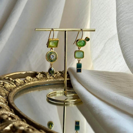 Green Mosaic Multi-Stone Drop Earrings Gold Teal on neutral background — front view