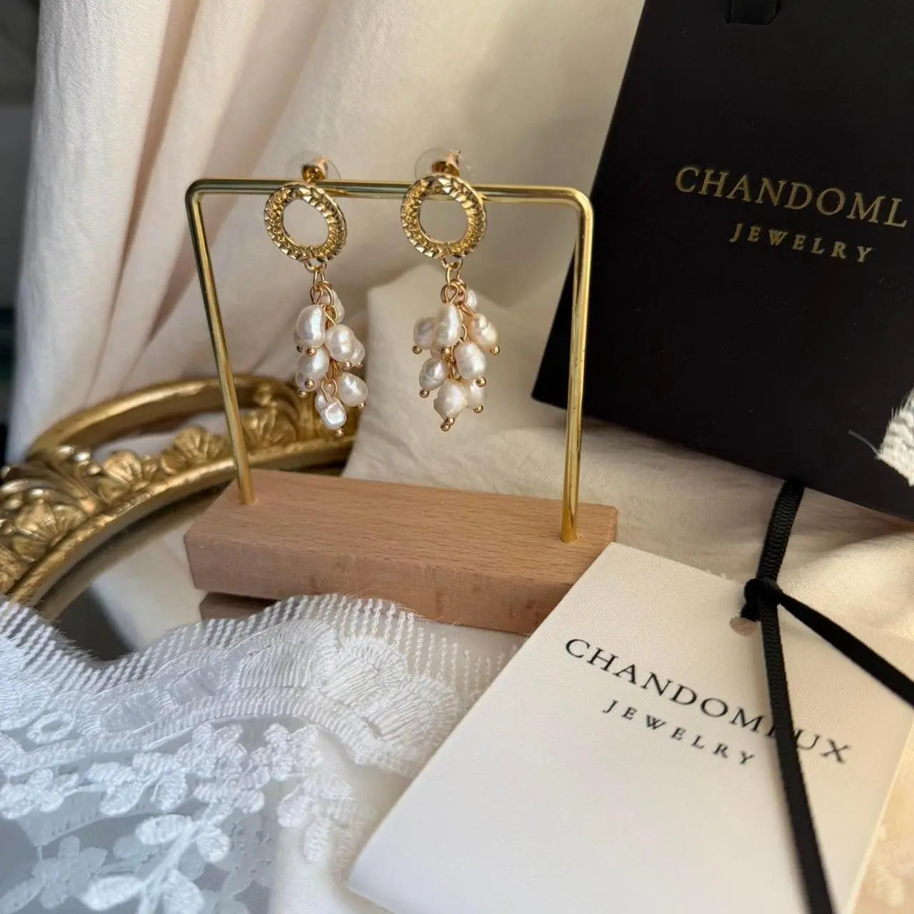 Freshwater Pearl Baroque Cluster Drop Earrings S925 — close-up of pearl and post detail