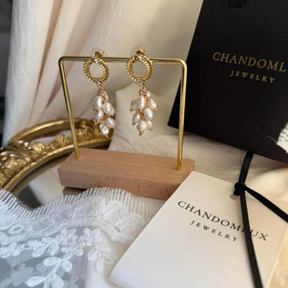 Freshwater Pearl Baroque Cluster Drop Earrings S925 — close-up of pearl and post detail