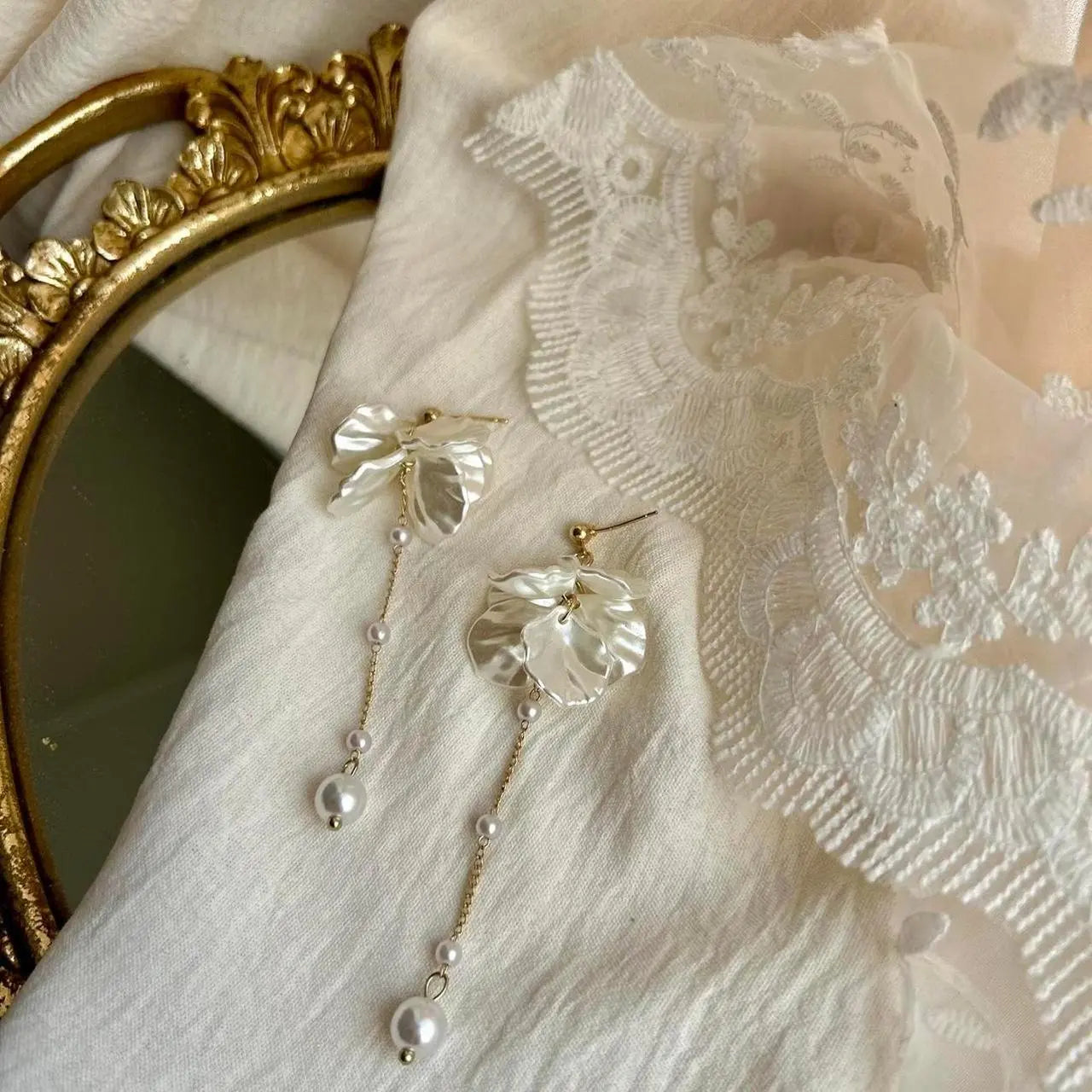 Mother of Pearl Flower Drop Earrings S925 Bridal — close-up of pearl and post detail