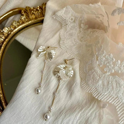 Mother of Pearl Flower Drop Earrings S925 Bridal — close-up of pearl and post detail