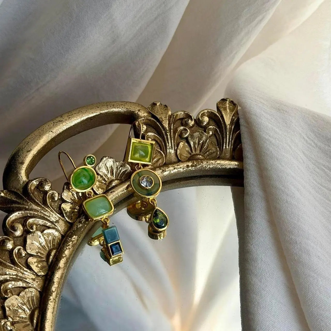 Green Mosaic Multi-Stone Drop Earrings Gold Teal — close-up of pearl and post detail
