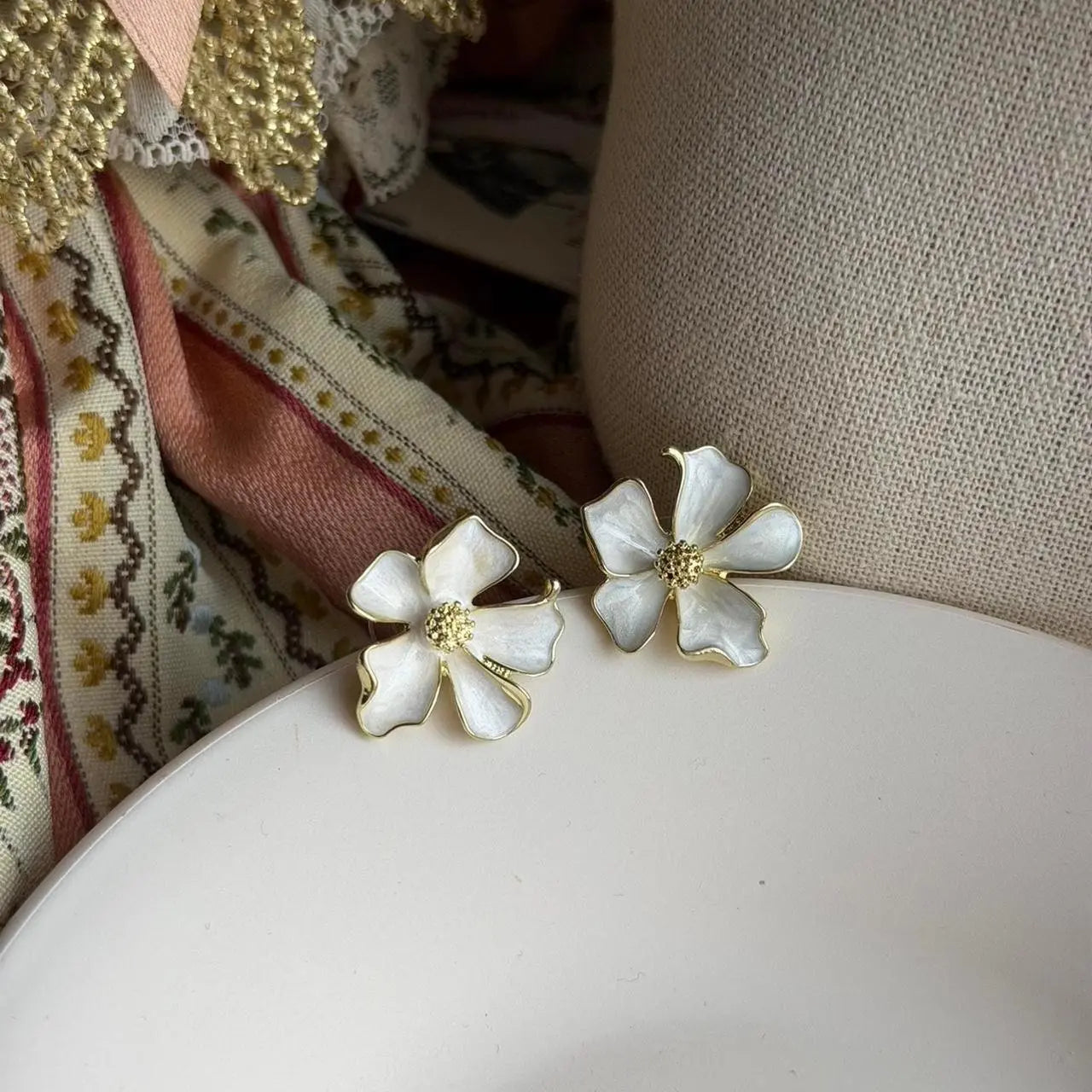 White Enamel 3D Flower Stud Earrings S925 Gold on neutral background — front view