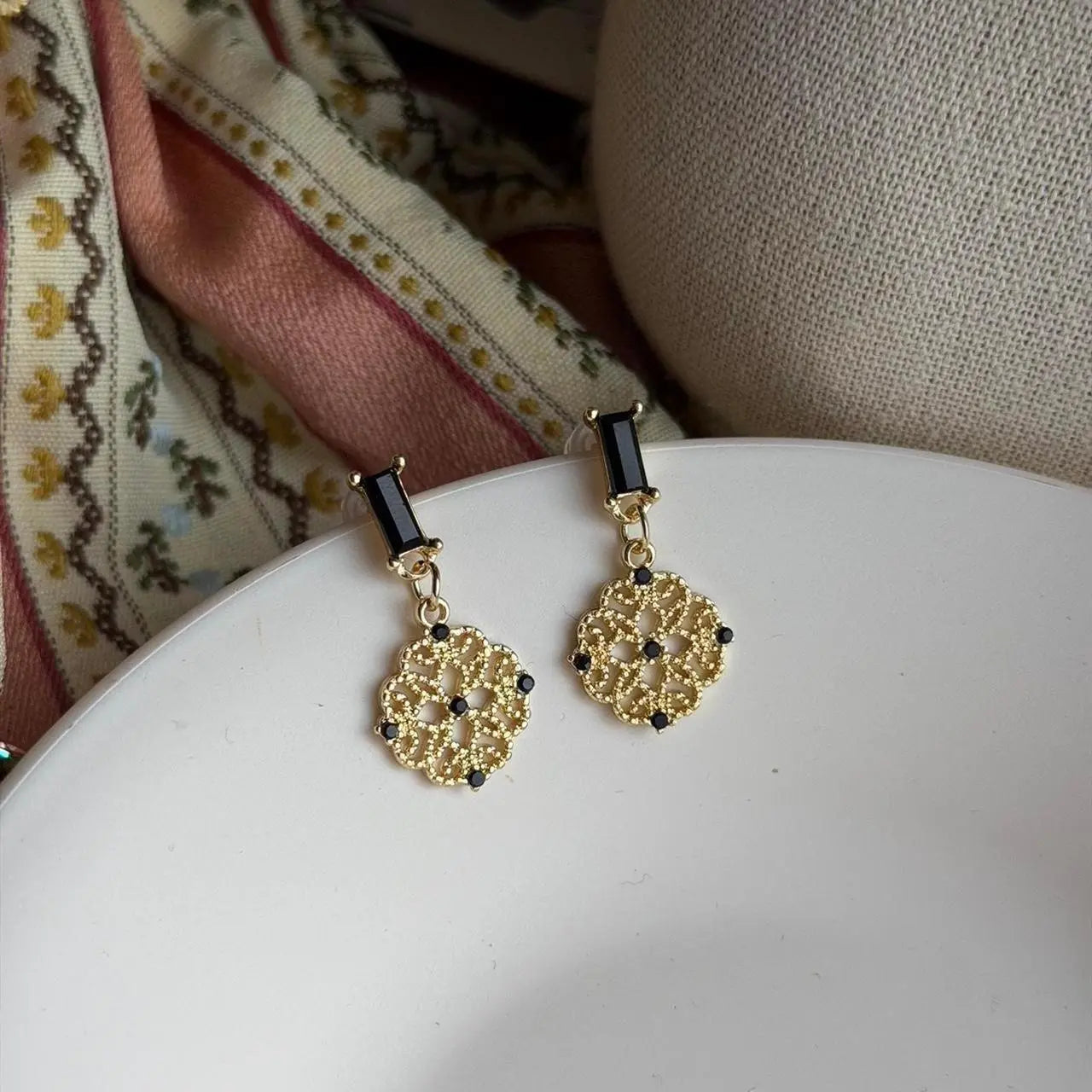 Gold Filigree Medallion Drop Earrings S925 Black — close-up of pearl and post detail