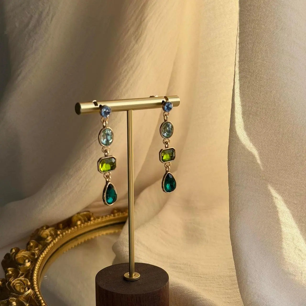 Blue & Green Ombre Crystal Triple Drop Earrings Gold on neutral background — front view