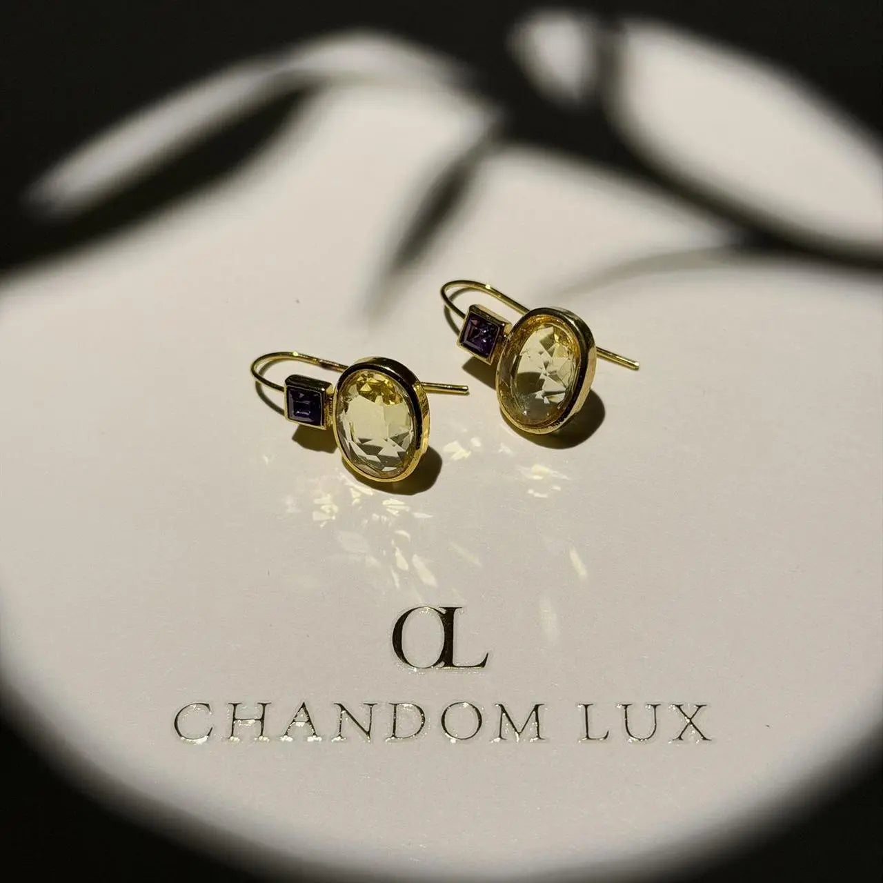 Amethyst & Crystal Square Drop Earrings Gold Tone on neutral background — front view