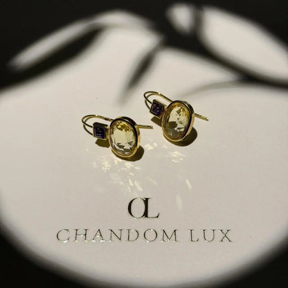 Amethyst & Crystal Square Drop Earrings Gold Tone on neutral background — front view