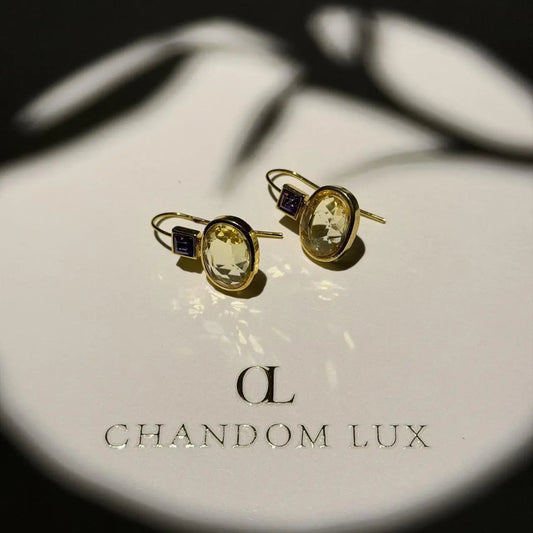 Amethyst & Crystal Square Drop Earrings Gold Tone on neutral background — front view
