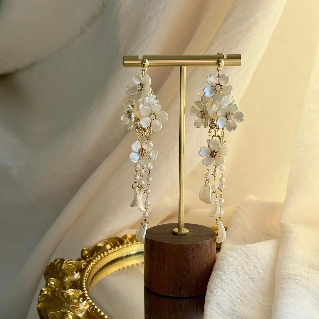 White Floral Cluster Long Drop Earrings S925 Bridal — angle highlighting drop and movement