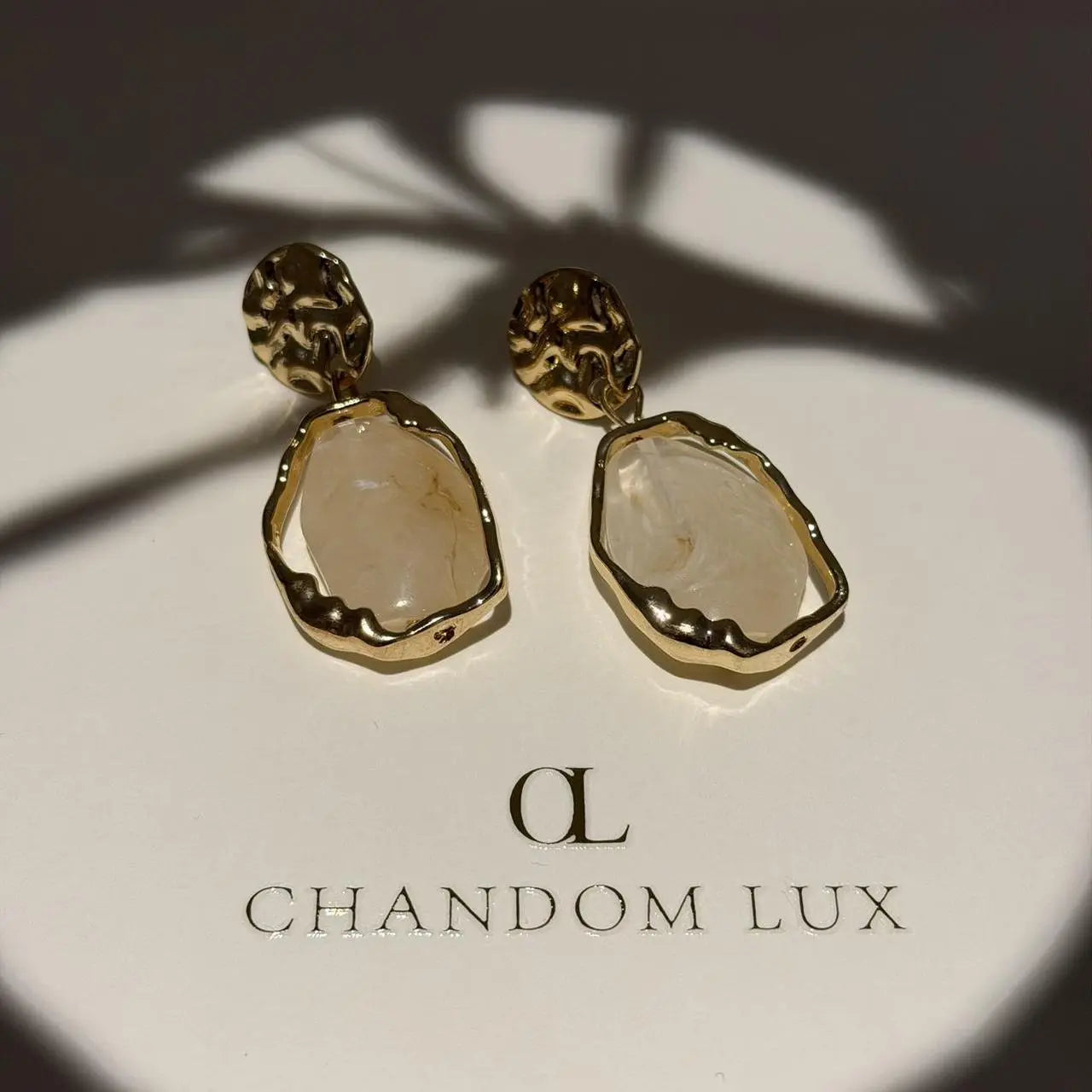 Frosted Resin Drop Earrings S925 Hammered Gold Disc on neutral background — front view