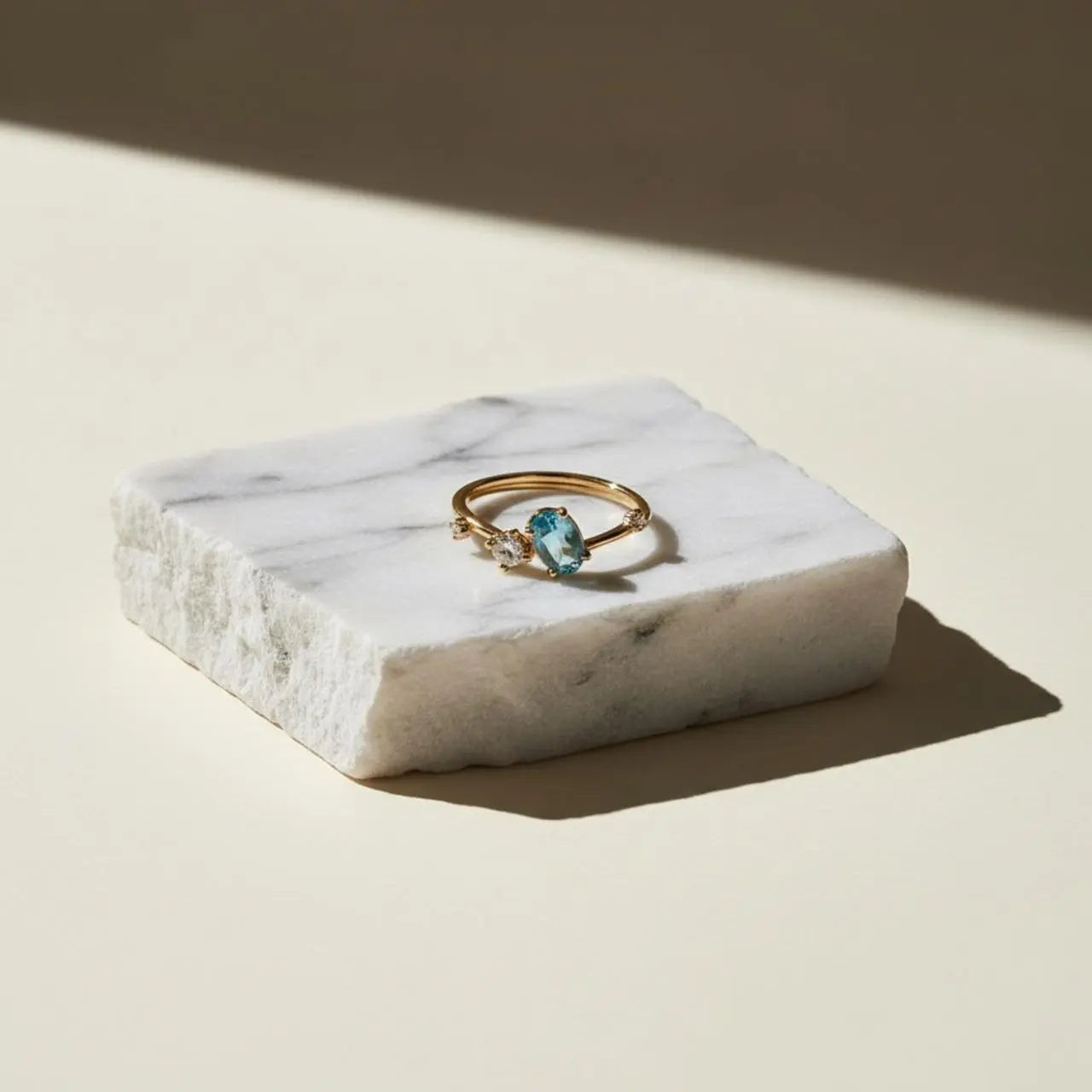 Minimalist Blue Stone Cluster Ring S925 Gold Plated on neutral background — front view