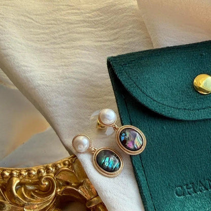 Abalone Shell & Freshwater Pearl Drop Earrings Gold — close-up of pearl and post detail
