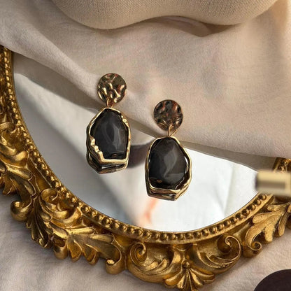 Smoky Grey Resin Drop Earrings S925 Gold Disc — close-up of pearl and post detail