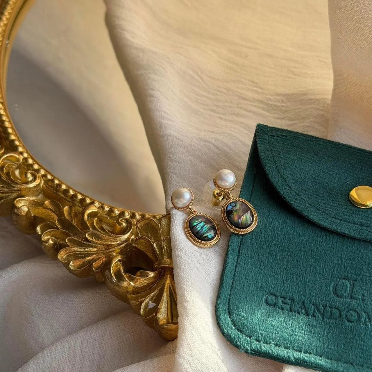 Abalone Shell & Freshwater Pearl Drop Earrings Gold — pair shown together on flat lay