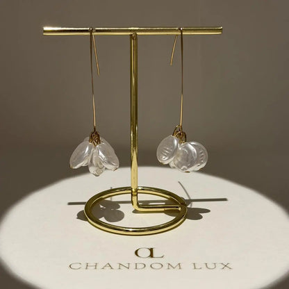 Clear Petal Cluster Drop Earrings Gold Tone Alloy — close-up of pearl and post detail