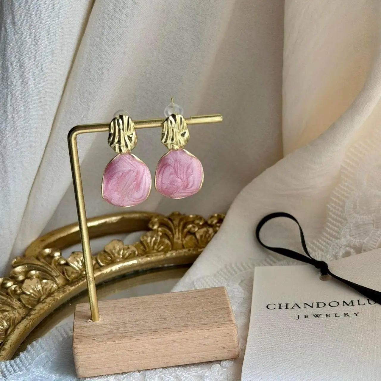 Blush Pink Resin Petal Drop Earrings S925 Gold Post — close-up of pearl and post detail