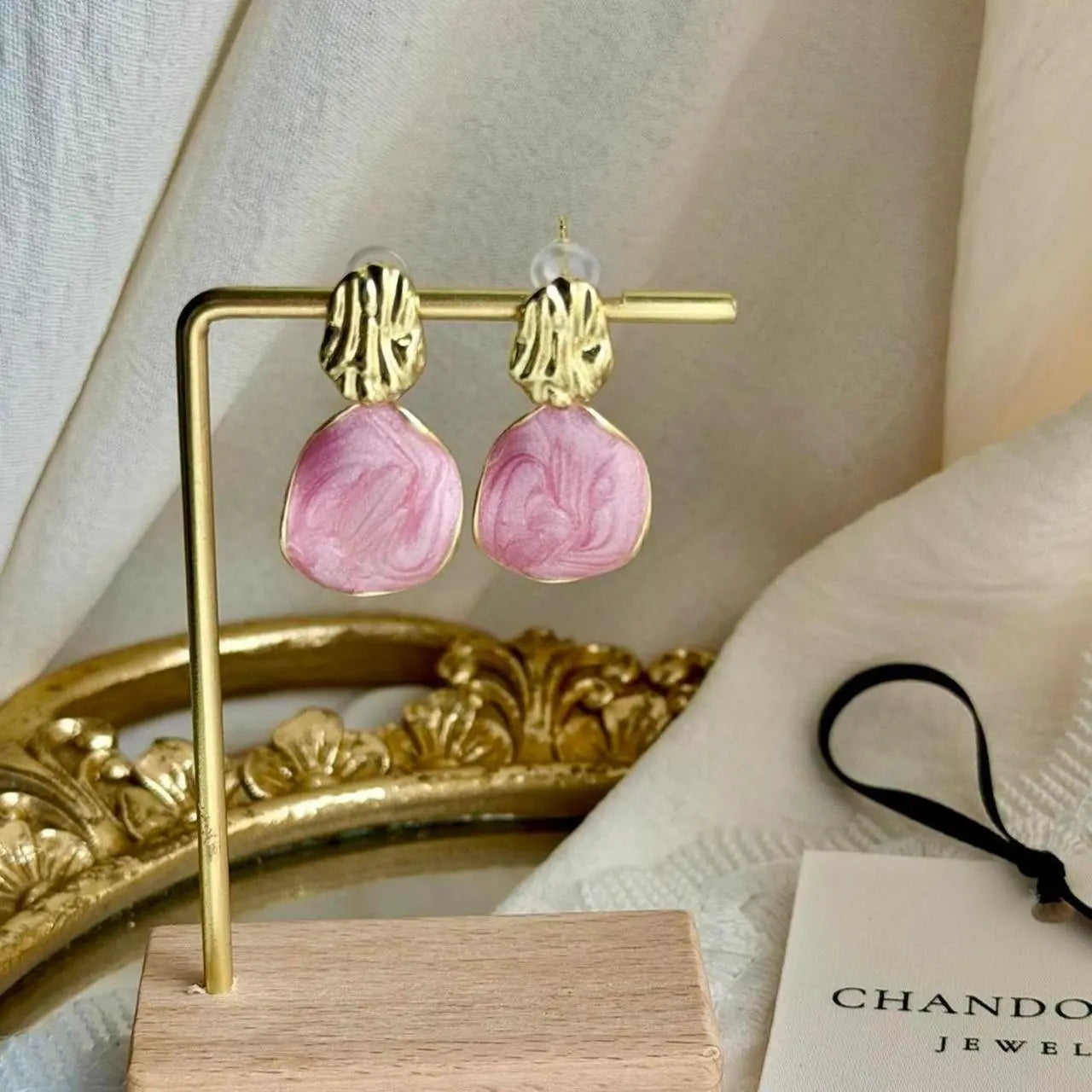 Blush Pink Resin Petal Drop Earrings S925 Gold Post — pair shown together on flat lay