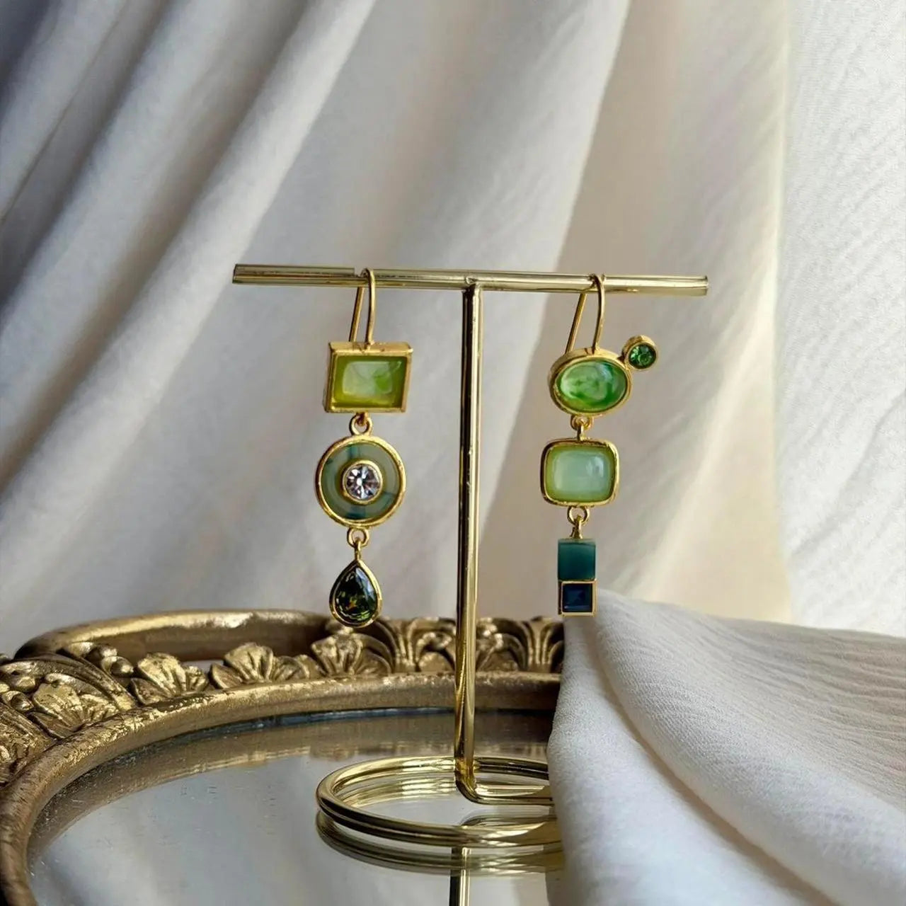 Green Mosaic Multi-Stone Drop Earrings Gold Teal — worn on model, side profile