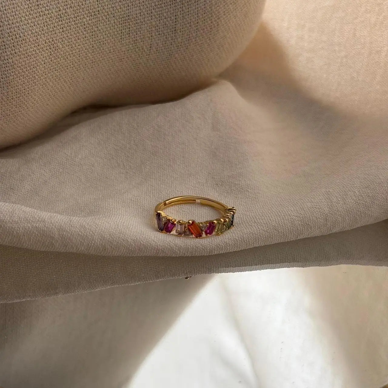 Rainbow Baguette Stone Eternity Ring Gold Women — side profile showing band width