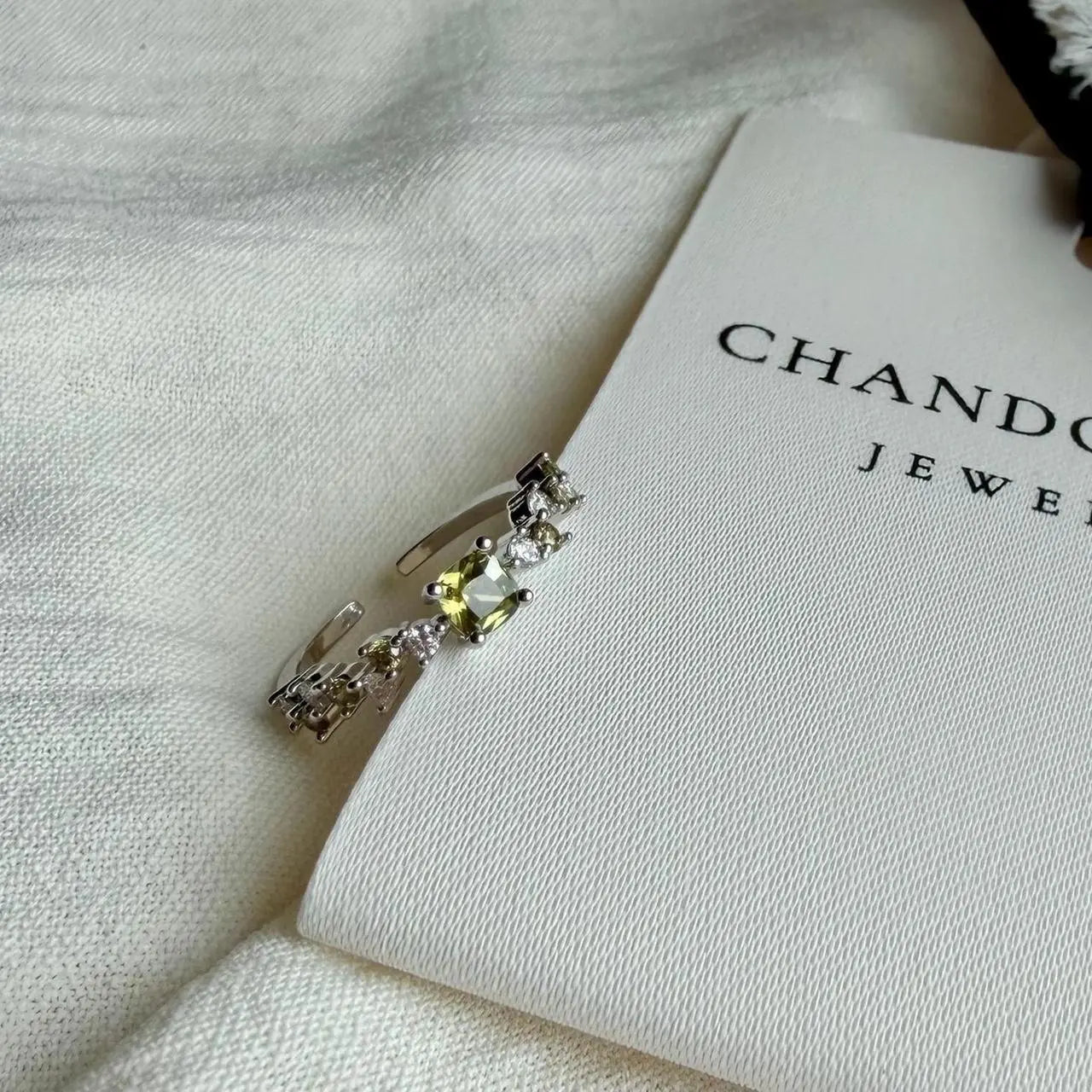 Olive Green Stone Crystal Cluster Ring Silver Open — top-down detail of stones