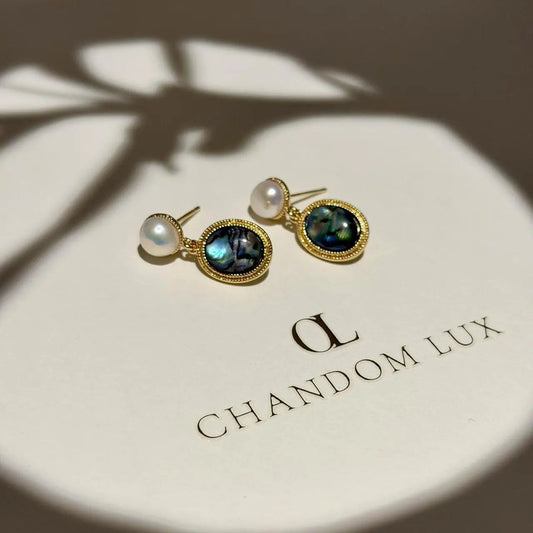 Abalone Shell & Freshwater Pearl Drop Earrings Gold on neutral background — front view