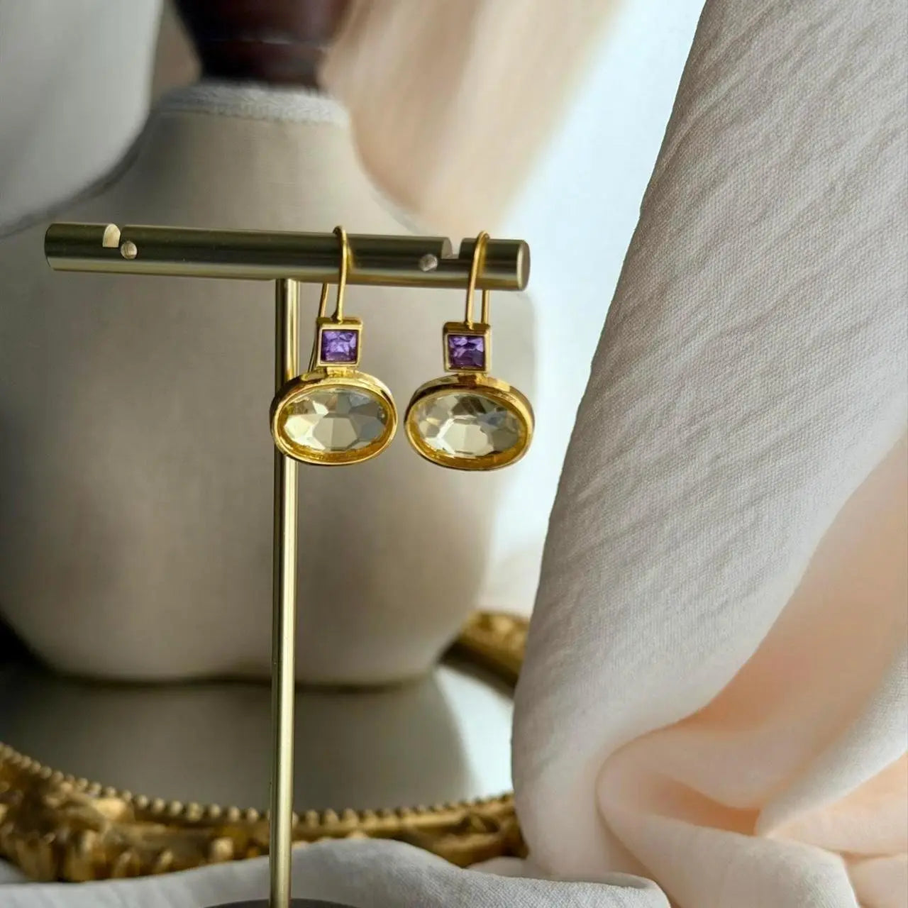 Amethyst & Crystal Square Drop Earrings Gold Tone — close-up of pearl and post detail