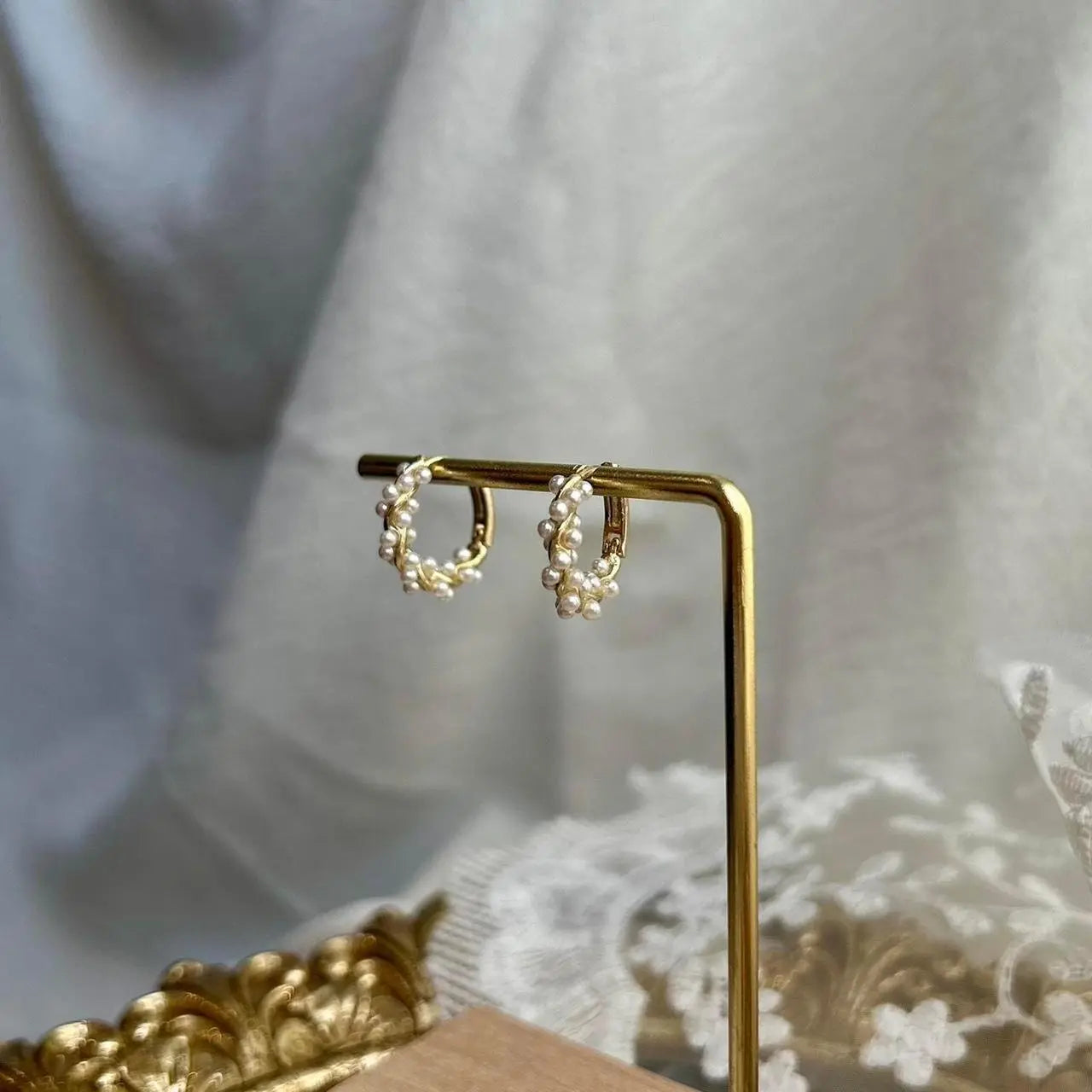 Pearl Beaded Huggie Hoop Earrings S925 Silver Gold — worn on model, side profile