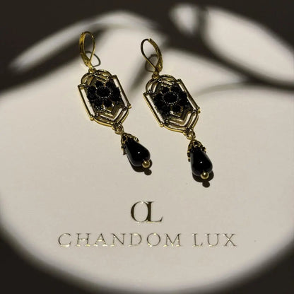Art Deco Black Crystal Filigree Drop Earrings Gold — detail shot of gold tone