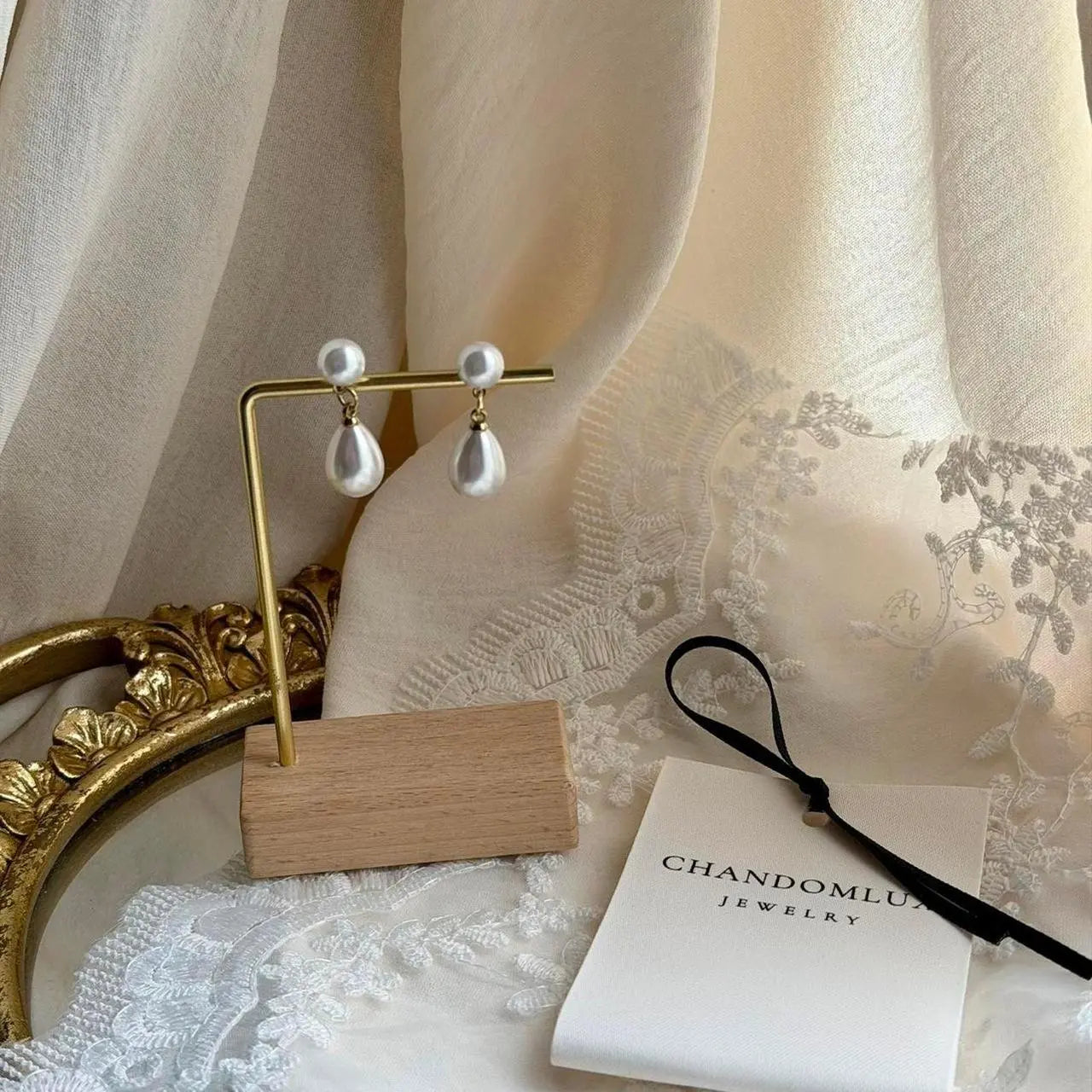 Pearl Stud & Teardrop Drop Earrings S925 Gold Bridal on neutral background — front view